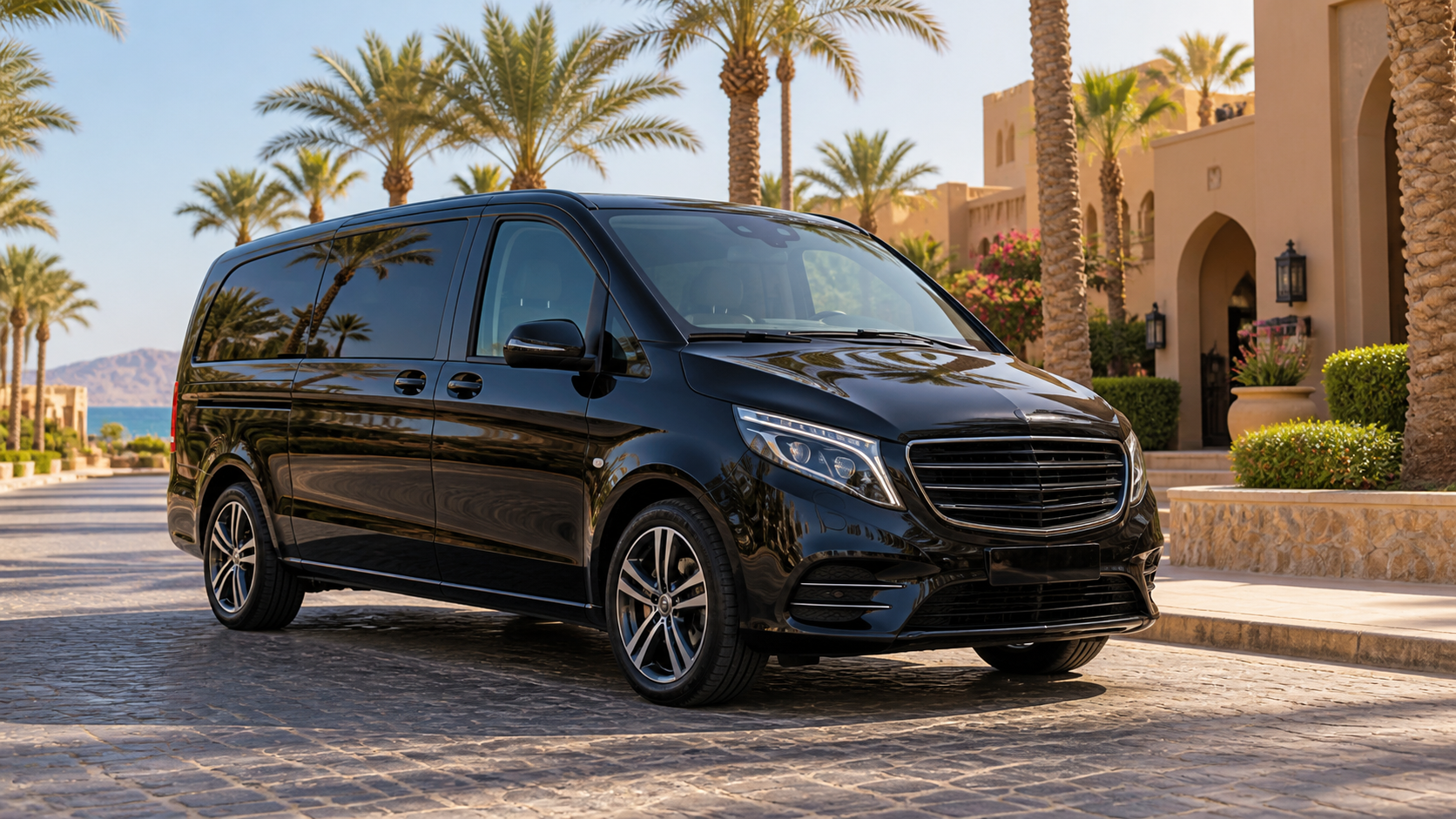 Illustrative premium passenger van outside a resort